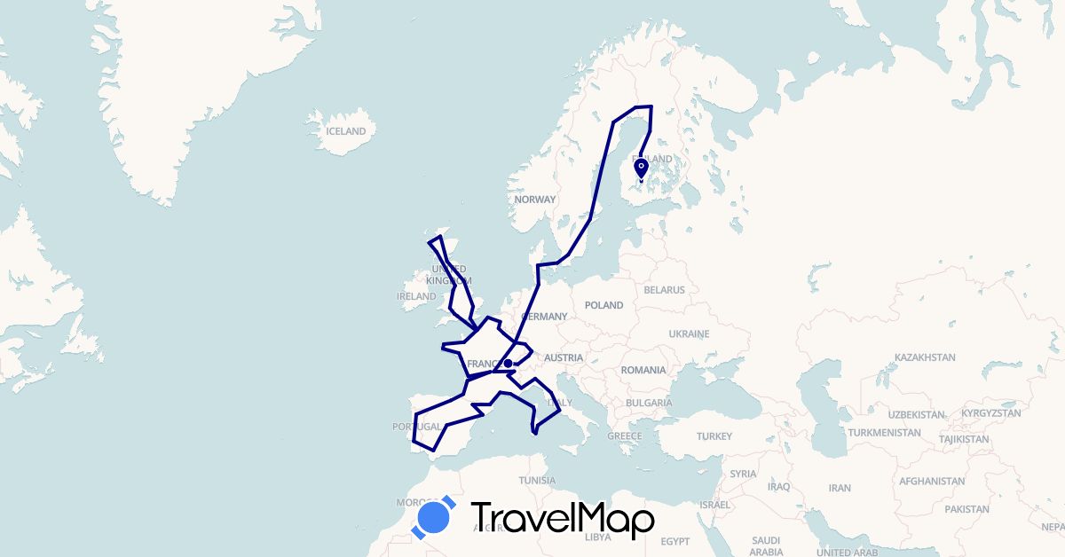 TravelMap itinerary: driving in Belgium, Switzerland, Germany, Denmark, Spain, Finland, France, United Kingdom, Italy, Portugal, Sweden (Europe)